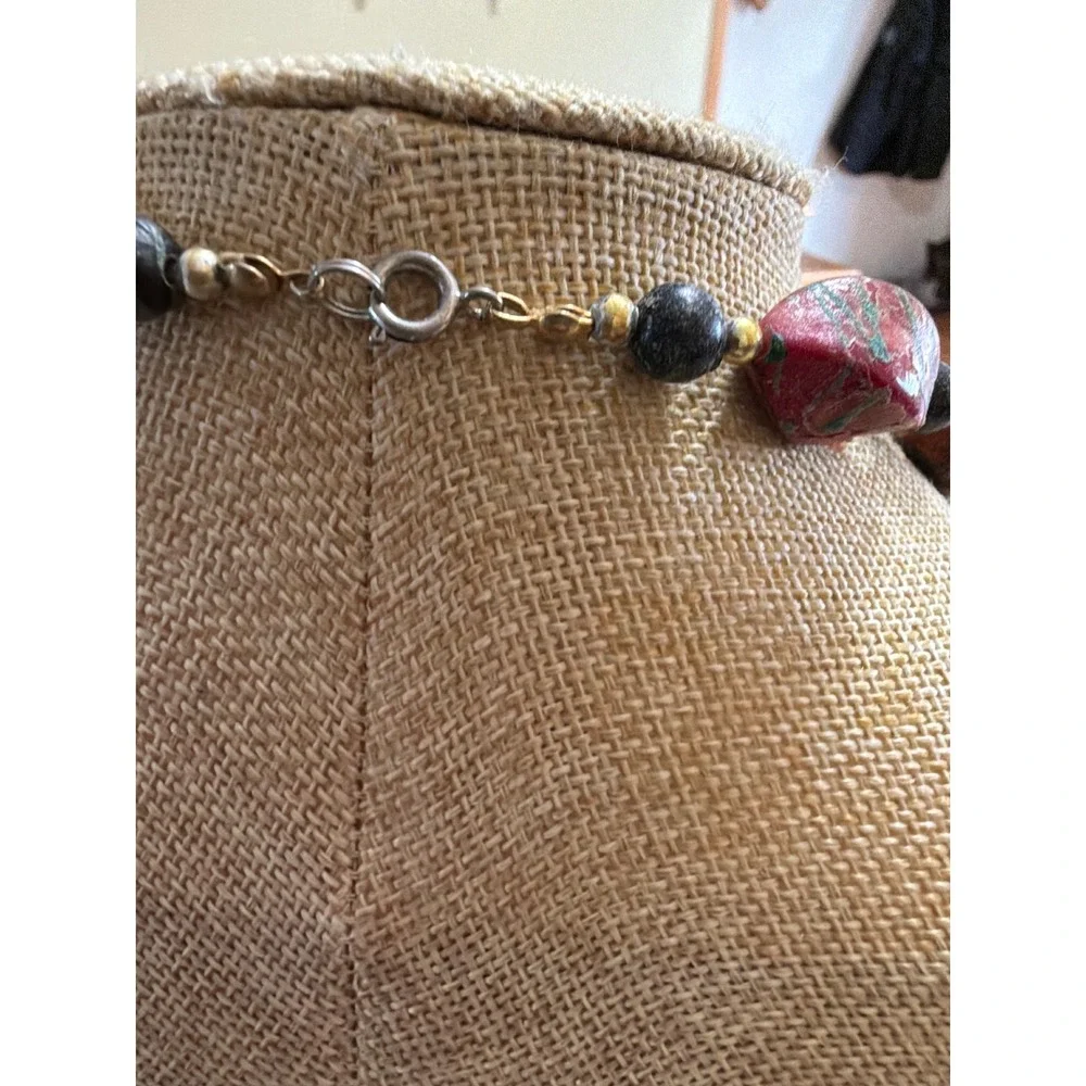 Vintage Style Marbled Resin Beaded Necklace Earth Tones Burgundy Long Layering